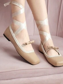 CUCCOO DOLLMOD 可爱蝴蝶结巴黎舒适方头低帮平底女鞋度假鞋夏季 - 粉色 - 查看 4