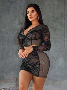 SHEIN SXY Conjunto de top corto sexy y falda mini ajustada de encaje para conciertos del Club del Orgullo para mujeres, verano