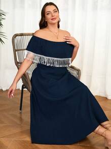 Mulvari Plus Size Women's Patchwork Tassel Off Shoulder Dress
