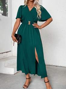 Celure 大尺碼女裝純色簡單休閒短袖連衣裙 - 墨綠色 - 查看 3