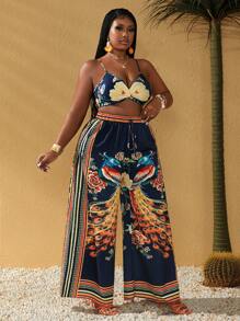 SHEIN Holidaya Plus Size Women's Summer Floral Printed Short Spaghetti Strap Tank Top And Wide Leg Pants Casual Two Pieces Set, Vacation - Multicolor - View 3