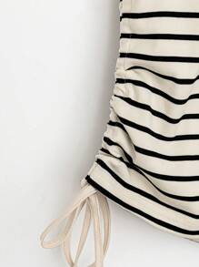 SHEIN LUNE Women's Summer Striped & Printed V-Neck Short Sleeve Drawstring Side Casual T-Shirt Graphic Tees Women Tops - Apricot - View 3