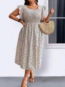 SHEIN LUNE 大码夏季休闲连衣裙，花卉印花，荷叶边，方形领口，收腰 - 白色 - 查看 4