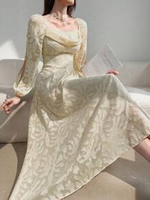 Modelyn 女士春夏優雅長款花紋氣球袖連衣裙 - 杏色 - 查看 2