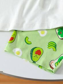 Tween Girl Fresh Bread And Avocado Printed Short Sleeve Tee & Shorts 2pcs Homewear Snug Fit Set - White - View 4