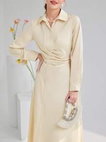 Modelyn 女士衬衫领单排扣百褶休闲长袖连衣裙长款晚礼服 - 杏色 - 查看 1