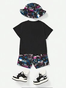 SHEIN 3入組休閒運動街頭風格白色寬鬆落肩圓領兔子圖案T恤，塗鴉印花短褲和帽子適合年輕男孩。適用於日常穿著、學校、旅行、運動，春季和夏季。 - 彩色 - 查看 2