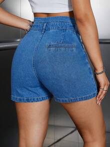 Women's High Waist Ruffled Vintage Denim Shorts, 90% Cotton, Spring/Summer Fashion, Collegiate Style, Pockets, Button Closure, Suitable For Beach Vacations, Pride Outfits, Fourth Of July, And Club Outfits - Blue - View 2