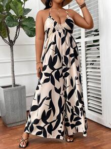 SHEIN CURVE+ Plus Size Green Leaf Print Halter Neck Tied Jumpsuit, Beach Resort Casual Boho Vacation