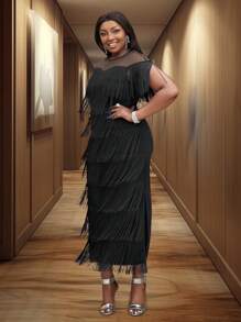 Voworia 女士黑色流苏透视上衣盖袖节日派对流苏连衣裙中长款 - 黑色 - 查看 6