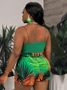 Slaydiva 夏季假期花卉背心上衣＆綠色熱帶抽象塗鴉印花寬鬆短褲大尺碼女裝2件套裝 - 彩色 - 查看 3