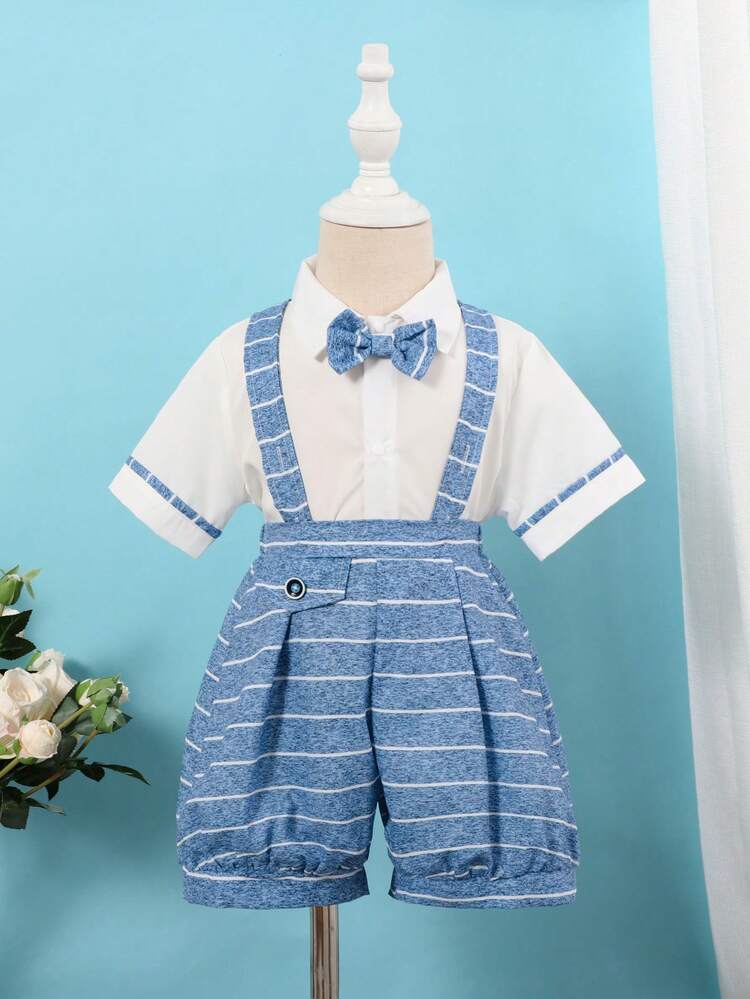 Baby Boy Casual Contrast Trim Short Sleeve Shirt And Cute Woven Striped Suspenders Shorts Summer Gentlemen Outfit Set
