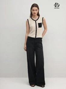 BizChic Elegant Women's Summer Colorblock Single Button Casual Sweater Vest With Pockets - Beige - View 6