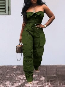 Sexy Halter Jumpsuit Women, American Cargo Style Style, High Waist Wide Leg Slimming Jumpsuit With Multiple Pockets, Suitable For Spring And Autumn Summer Elegant - Army Green - View 5
