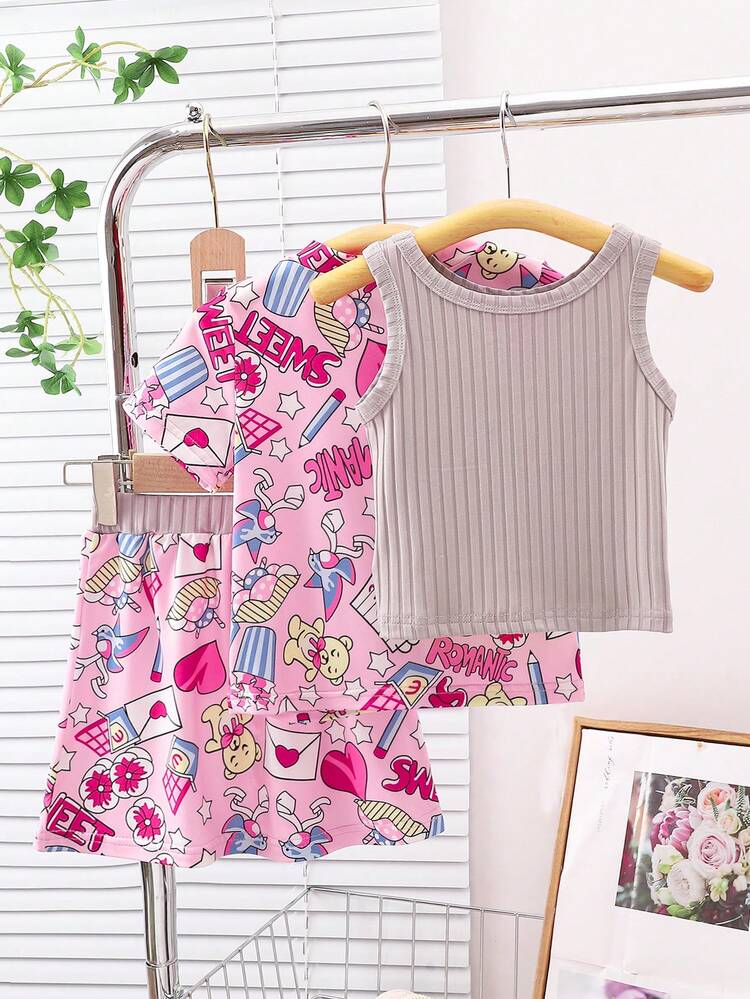 3pcs Baby Girls' Fashionable And Stylish Summer Outfit Set, Printed Sleeveless Top And Skirt With Headband