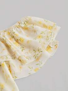 SHEIN MOD Plus Size Vintage-Style Yellow Fresh Ditsy Floral Print Spaghetti Strap Dress With Ruffles, Off-Shoulder And Umbrella Dress For Holiday - Yellow - View 4