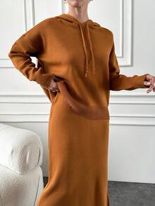 SHEIN Cottnline 女式長袖帶束帽毛衣和針織裙2入組 - 駝色 - 查看 4