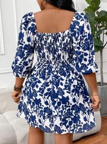 SHEIN VCAY Robe grande taille à manches de lanterne avec encolure ras-du-cou, parfaite pour les vacances