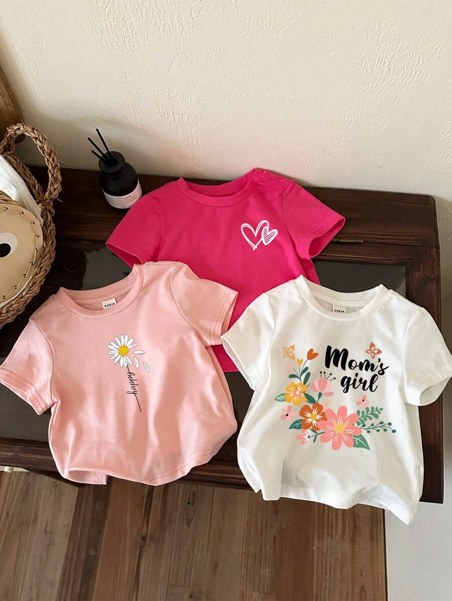 SHEIN 3 Stück/Set Baby Mädchen Lässig Minimalistische Blumen, Herz & Buchstaben Muster Kurzarm Rundhals Tops, Sommer Baumwolle - Verschiedenfarbig - Übersicht 1