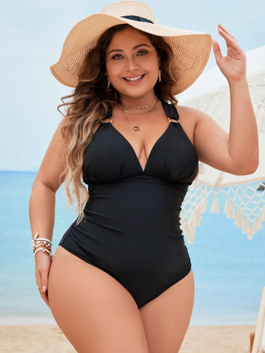 Swim Vcay Maillot de bain une pièce à la mode pour femmes grandes tailles, style de vacances à la plage - Noir - Voir 1