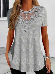 EMERY ROSE 純色蕾絲拼接短袖t卹 - 灰色 - 查看 1