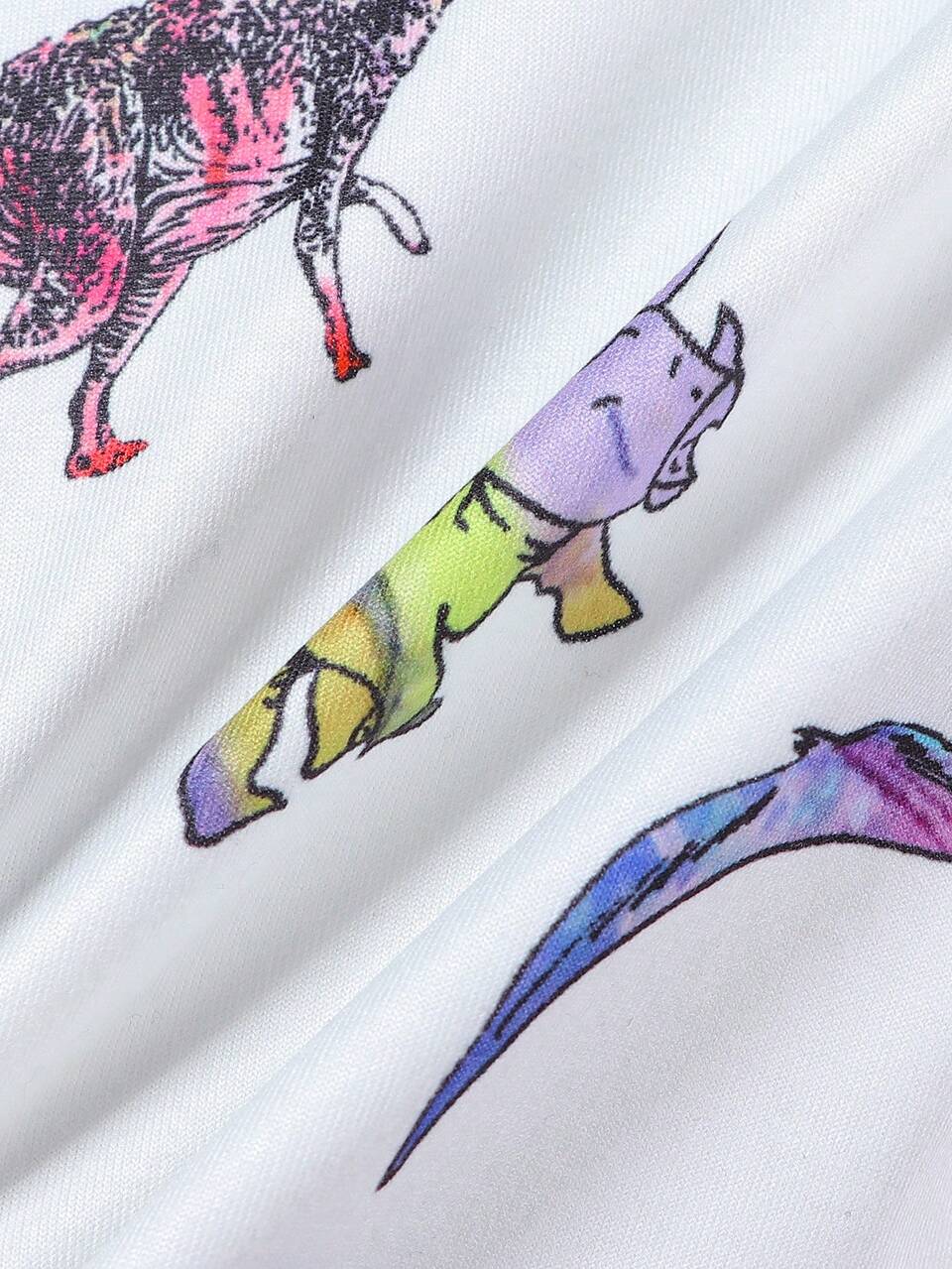 Baby Boy Summer Casual Dinosaur Printed Short Sleeve Top And Solid Color Ripped Shorts 2pcs Outfit