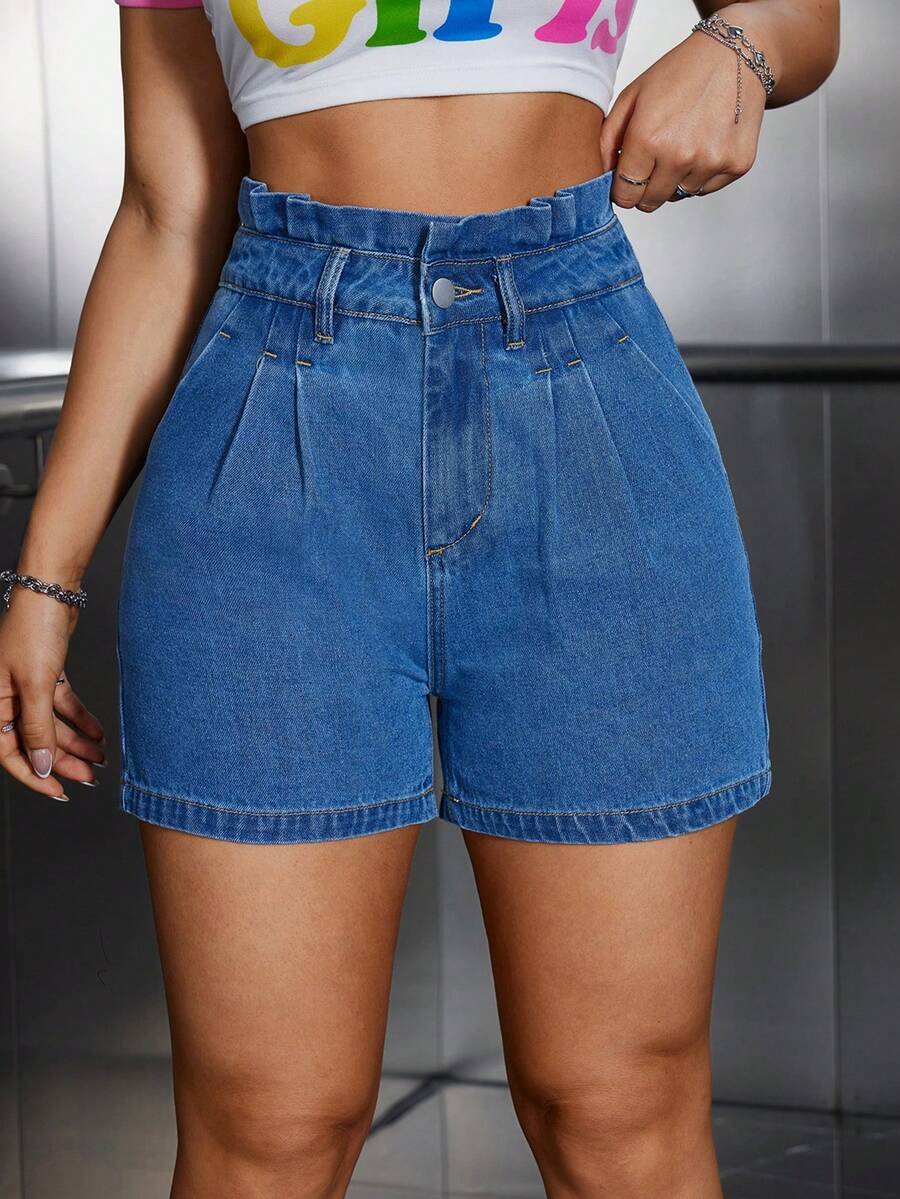 Women's High Waist Ruffled Vintage Denim Shorts, 90% Cotton, Spring/Summer Fashion, Collegiate Style, Pockets, Button Closure, Suitable For Beach Vacations, Pride Outfits, Fourth Of July, And Club Outfits - Blue - View 1
