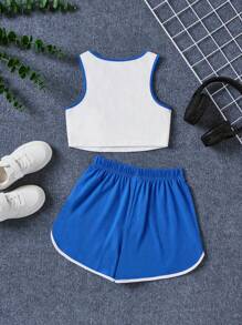 SHEIN Conjunto casual de dos piezas para niña preadolescente con top corto de punto de color sólido con estampado de letra y shorts - azul real - Ver 2