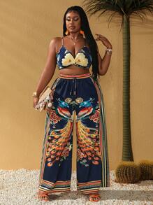 SHEIN Holidaya Plus Size Women's Summer Floral Printed Short Spaghetti Strap Tank Top And Wide Leg Pants Casual Two Pieces Set, Vacation - Multicolor - View 4