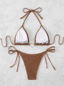 SHEIN Swim Conjunto de bikini sexy para mujer con cuello halter y lazo de unicolor para la playa en verano