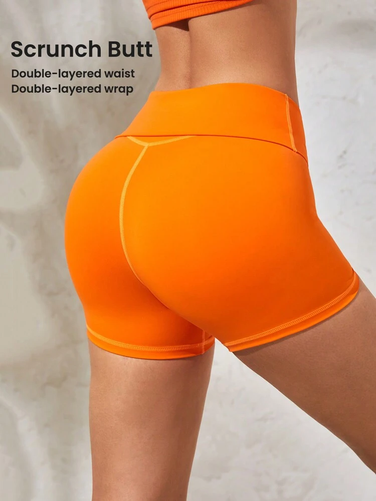 Double-Layer Fashionable Women Solid Color Flip High-Waist Fitness Yoga Shorts