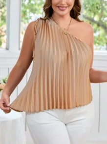 SHEIN Privé Blusa sin mangas de talla grande casual y elegante con pliegues y cordón en un hombro