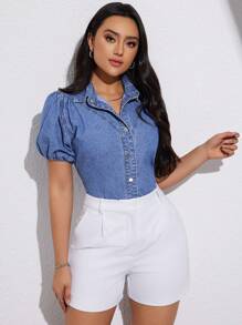 SHEIN Essnce 女款夏季休閒牛仔短袖泡泡袖上衣 - 中等水洗藍 - 查看 4