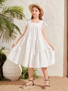 Tween女孩寬鬆版假日方領拼布短袖蝴蝶袖中長裙 - 白色 - 查看 6