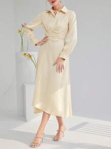 Modelyn 女士衬衫领单排扣百褶休闲长袖连衣裙长款晚礼服 - 杏色 - 查看 5