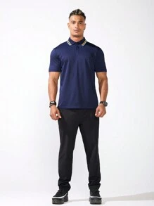 Gym Rark Boyfriend Style Men's Summer Casual Striped Short Sleeve Polo Shirt Golf Shirt - Navy Blue - View 4