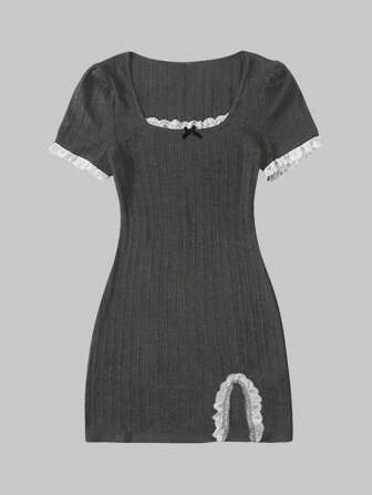 Kawaii Women's Grey  Style Slim Fit Bodycon Lace Trim Mini Dress With Slit