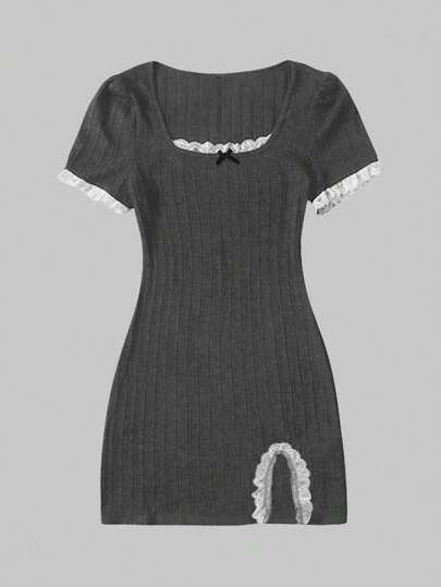 ROMWE Kawaii 女士灰色修身紧身蕾丝边开衩迷你连衣裙