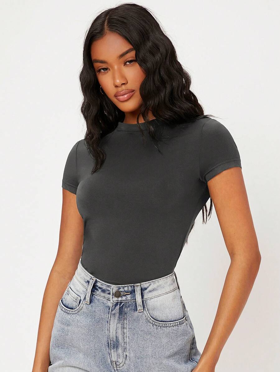 SHEIN BASICS 女士夏季純色圓領修身休閒短袖T恤 - 深灰色 - 查看 1