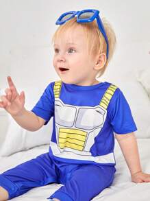 SHEIN 男婴可爱针织短袖连体衣，数码激光印花，配同款帽子，休闲家居服 - 寶藍色 - 查看 4