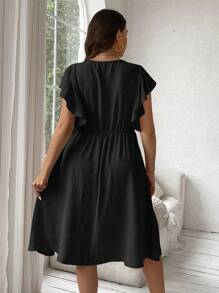 Flirla Plus Size Solid Color Buttoned V-Neck Dress With Ruffle Hem