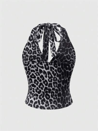 Grunge Punk Top de cuello en V de estilo Y2K con estampado de leopardo en toda la prenda para mujeres, escuela