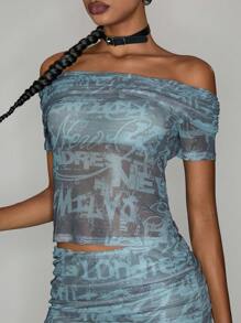 Studio Mila Sanchez 艺术家休闲网眼全身印花露肩修身女式上衣，适合夏季、假日、度假、外出、节日、伊比沙岛装扮、西方服饰 - 藍色 - 查看 2