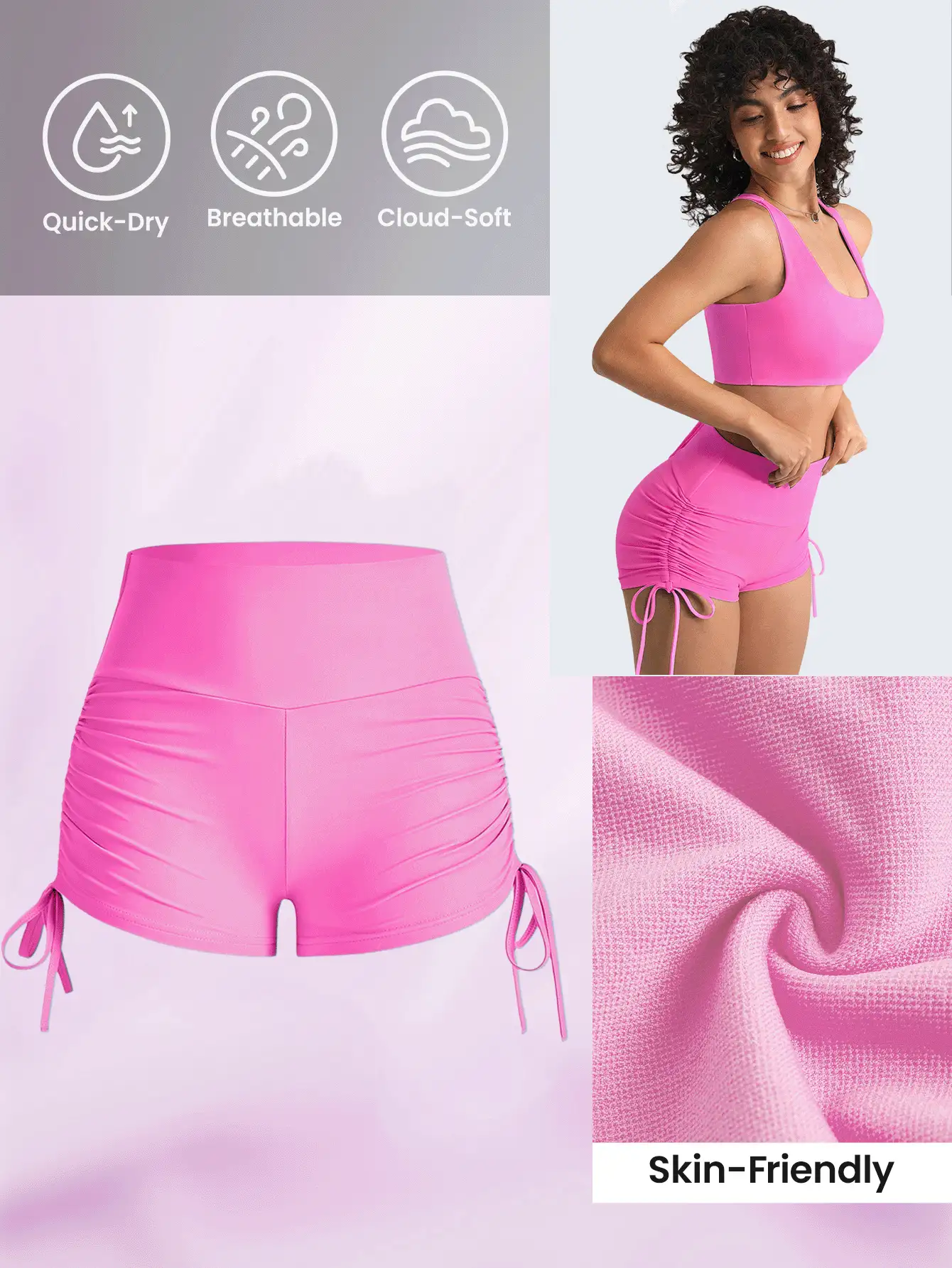 Lifespree 蜜桃臀提臀欧美瑜伽短裤高腰弹力跑步健身紧身运动短裤女抽绳短裤女运动短裤、健身短裤、骑行短裤亮粉色 - 粉色 - 查看 3