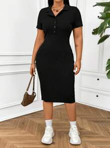 SHEIN EZwear Plus Size V-Neck Bodycon Short Sleeve Dress With Single-Breasted Closure For Summer - Black - View 5