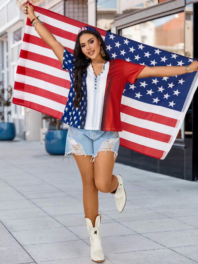 Plus Size Women Casual Contrast Color Block American Flag Printed Short Sleeve 4th Of July T Shirt Summer