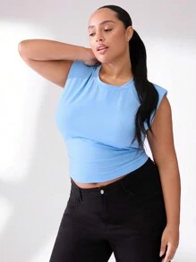 SHEIN BASICS Basic Style Knit Tank Top & Top With Pleats On Both Sides And Round Neckline For Plus Size Casual Wear - Baby Blue - View 4