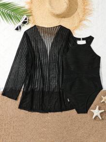 Teen Girl Solid Texture One-Piece Swimsuit With Mesh Cover-Up, Suitable For Summer, Beach - Black - View 3