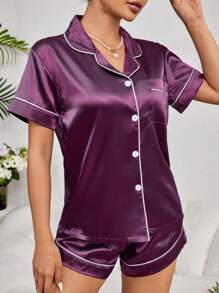 Set de pijama de 2 piezas de top de manga corta y pantalones cortos de unicolor (imitación de seda), para vacaciones