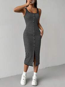 SHEIN EZwear 女士夏季休閒色塊條紋前鈕修身無袖連身裙 - 黑色 - 查看 3